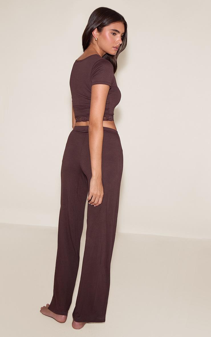Pretty Little Thing Chocolate Brown Jersey Lace Trim Long PJ Set