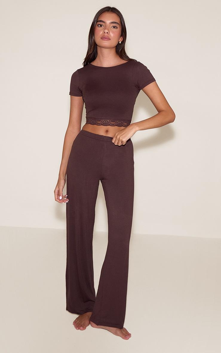 Pretty Little Thing Chocolate Brown Jersey Lace Trim Long PJ Set