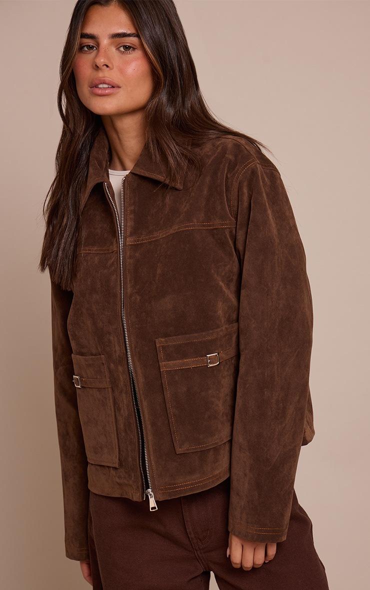 Pretty Little Thing Chocolate Brown Pocket Detail Faux Suede Jacket