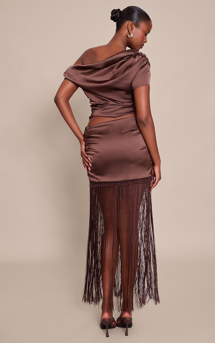 Pretty Little Thing Chocolate Brown Satin Beaded Tassel Hem Mini Skirt