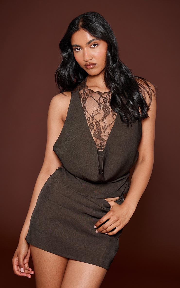 Pretty Little Thing Chocolate Brown Tailored Lace Drape Detail Top