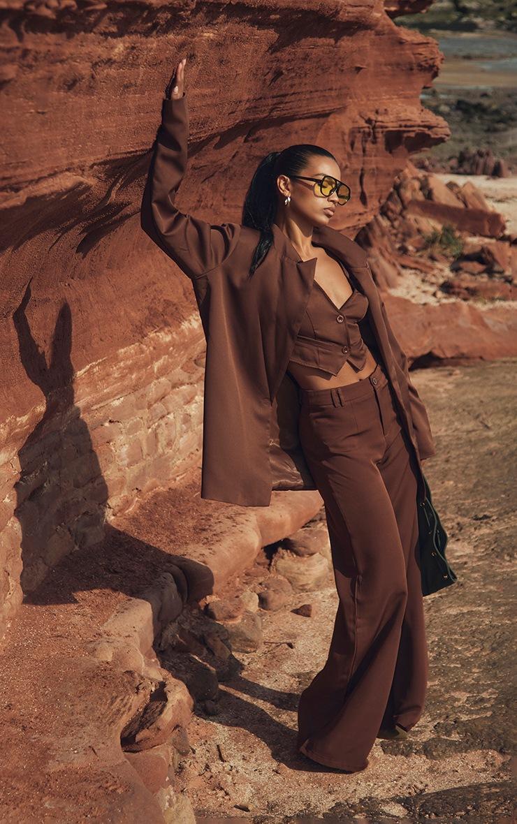 Pretty Little Thing Chocolate Brown Woven Belted Back Detail Suit Vest Top