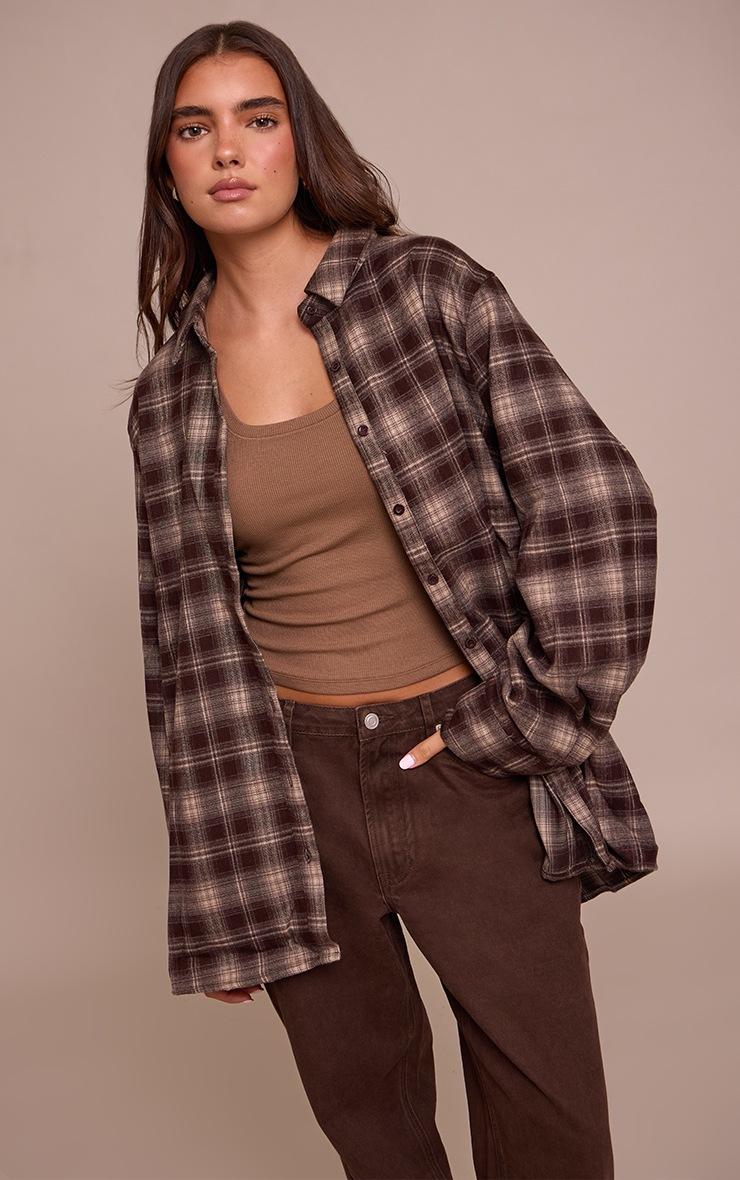 Pretty Little Thing Chocolate Brushed Check Oversized Shirt