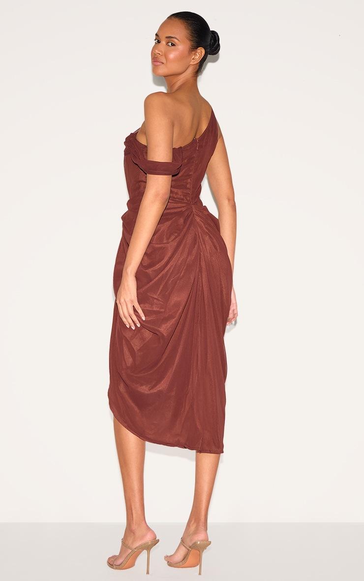 Pretty Little Thing Chocolate Chiffon Asymmetric Strap Draped Midi Dress