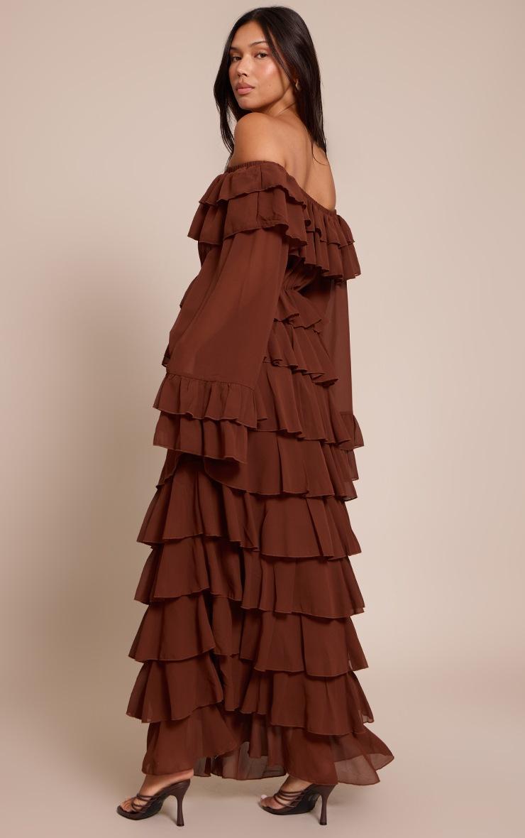 Pretty Little Thing Chocolate Chiffon Bardot Extreme Frill Maxi Dress
