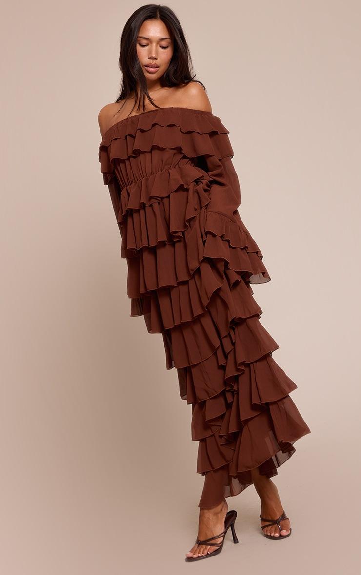 Pretty Little Thing Chocolate Chiffon Bardot Extreme Frill Maxi Dress