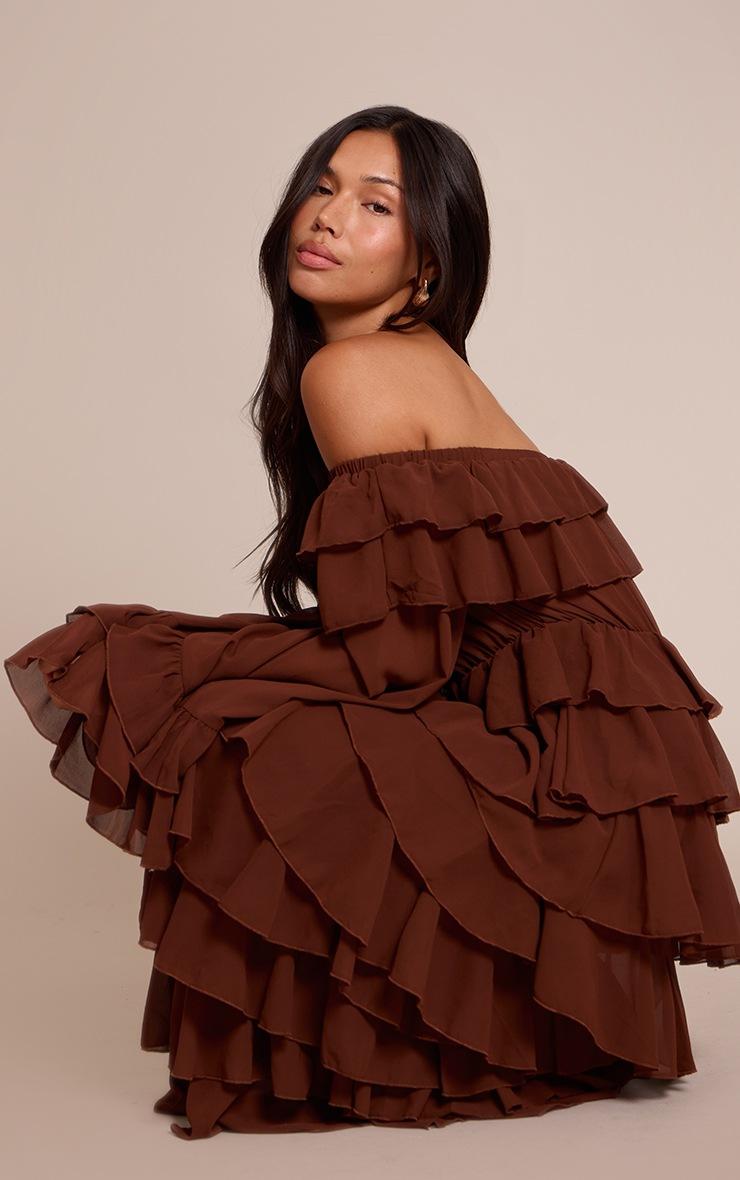 Pretty Little Thing Chocolate Chiffon Bardot Extreme Frill Maxi Dress