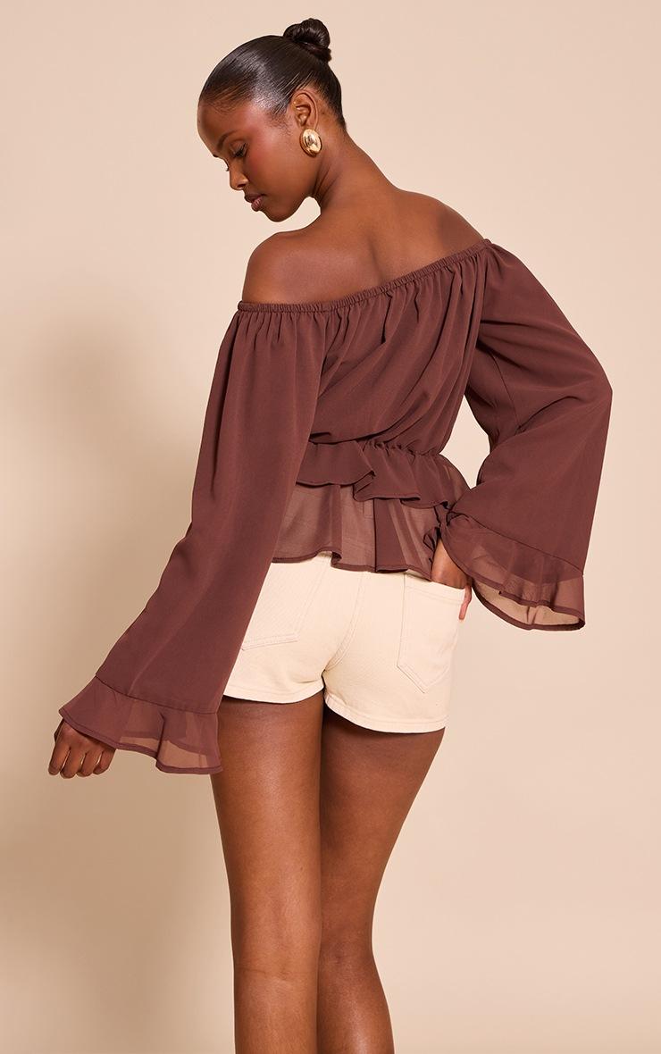 Pretty Little Thing Chocolate Chiffon Bardot Frill Detail Long Sleeve Top