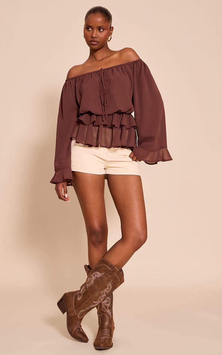 Pretty Little Thing Chocolate Chiffon Bardot Frill Detail Long Sleeve Top