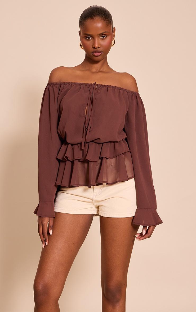 Pretty Little Thing Chocolate Chiffon Bardot Frill Detail Long Sleeve Top
