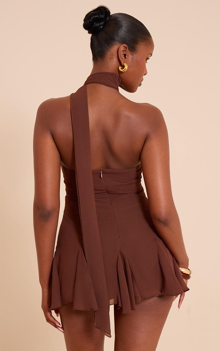 Pretty Little Thing Chocolate Chiffon Godet Neck Scarf Skort Romper