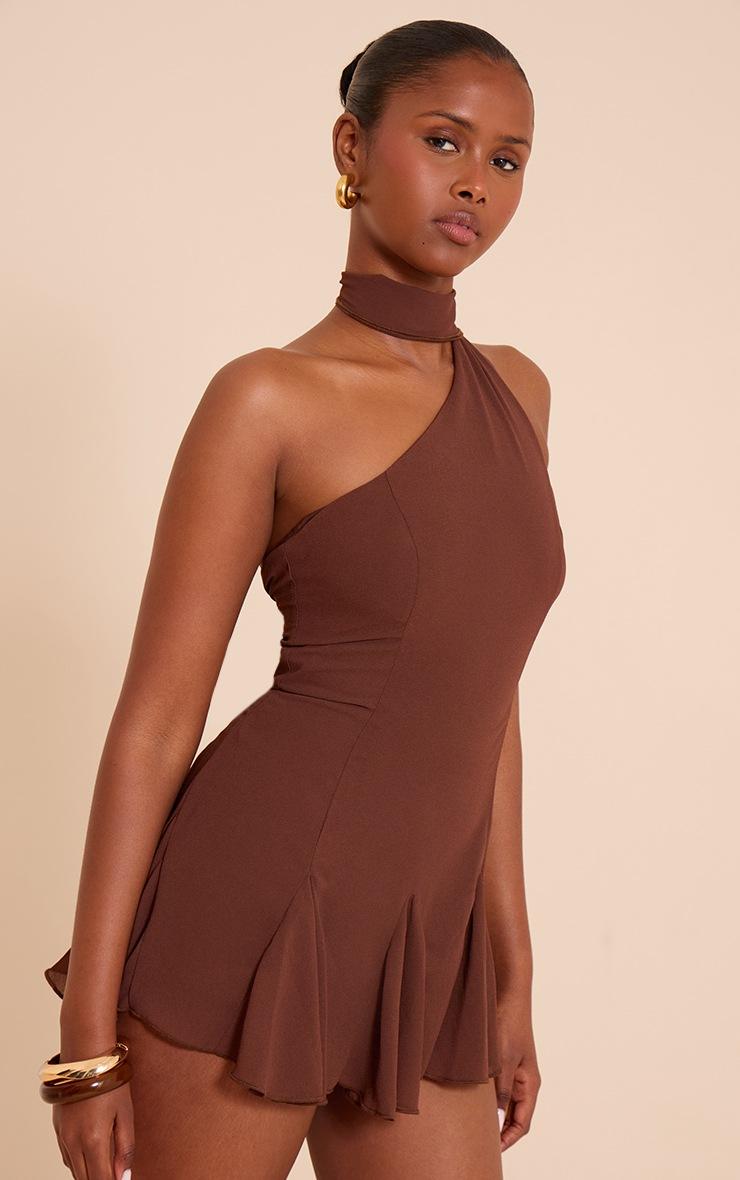 Pretty Little Thing Chocolate Chiffon Godet Neck Scarf Skort Romper