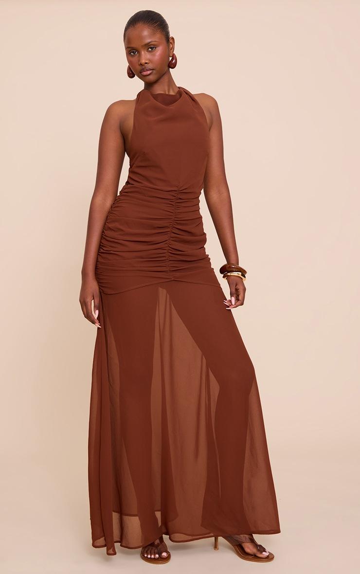 Pretty Little Thing Chocolate Chiffon Halterneck Extreme Ruched Maxi Dress