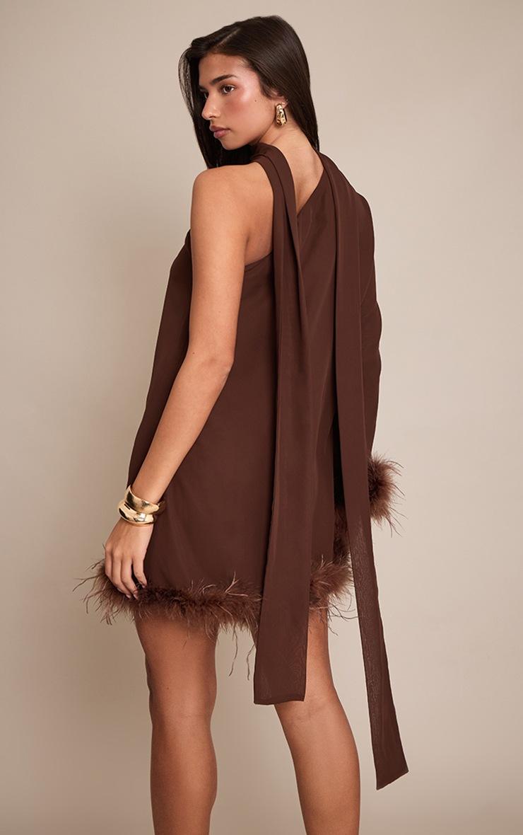 Pretty Little Thing Chocolate Chiffon One Shoulder Feather Detail Shift Dress
