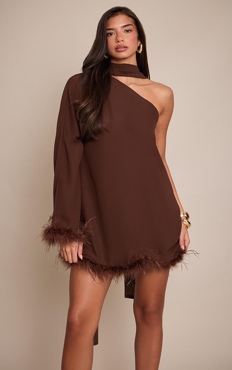 Pretty Little Thing Chocolate Chiffon One Shoulder Feather Detail Shift Dress