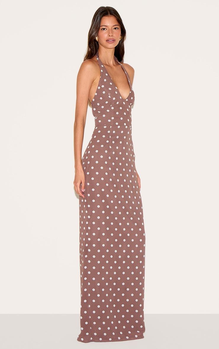 Pretty Little Thing Chocolate Chiffon Polka Dot Printed Plunge Neck Maxi Dress