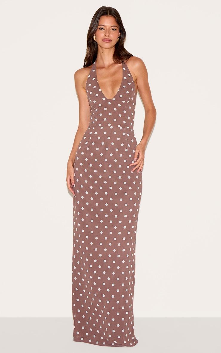 Pretty Little Thing Chocolate Chiffon Polka Dot Printed Plunge Neck Maxi Dress
