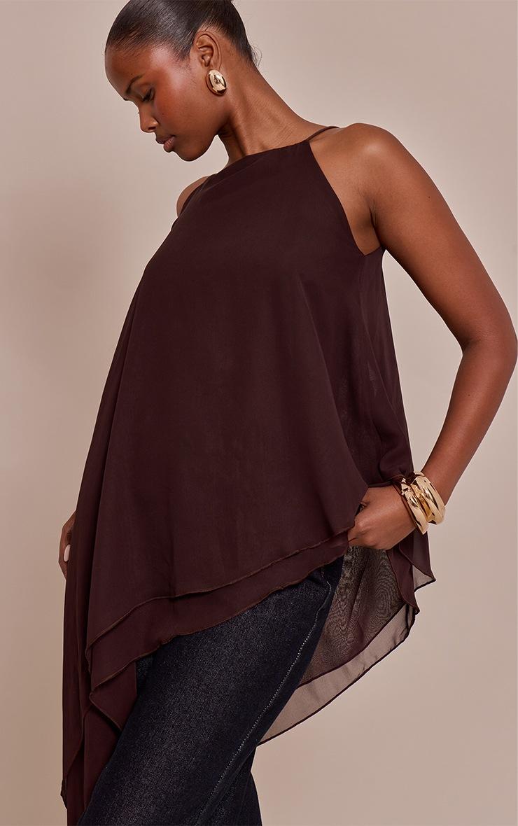 Pretty Little Thing Chocolate Chiffon Strappy Asymmetric Longline Top