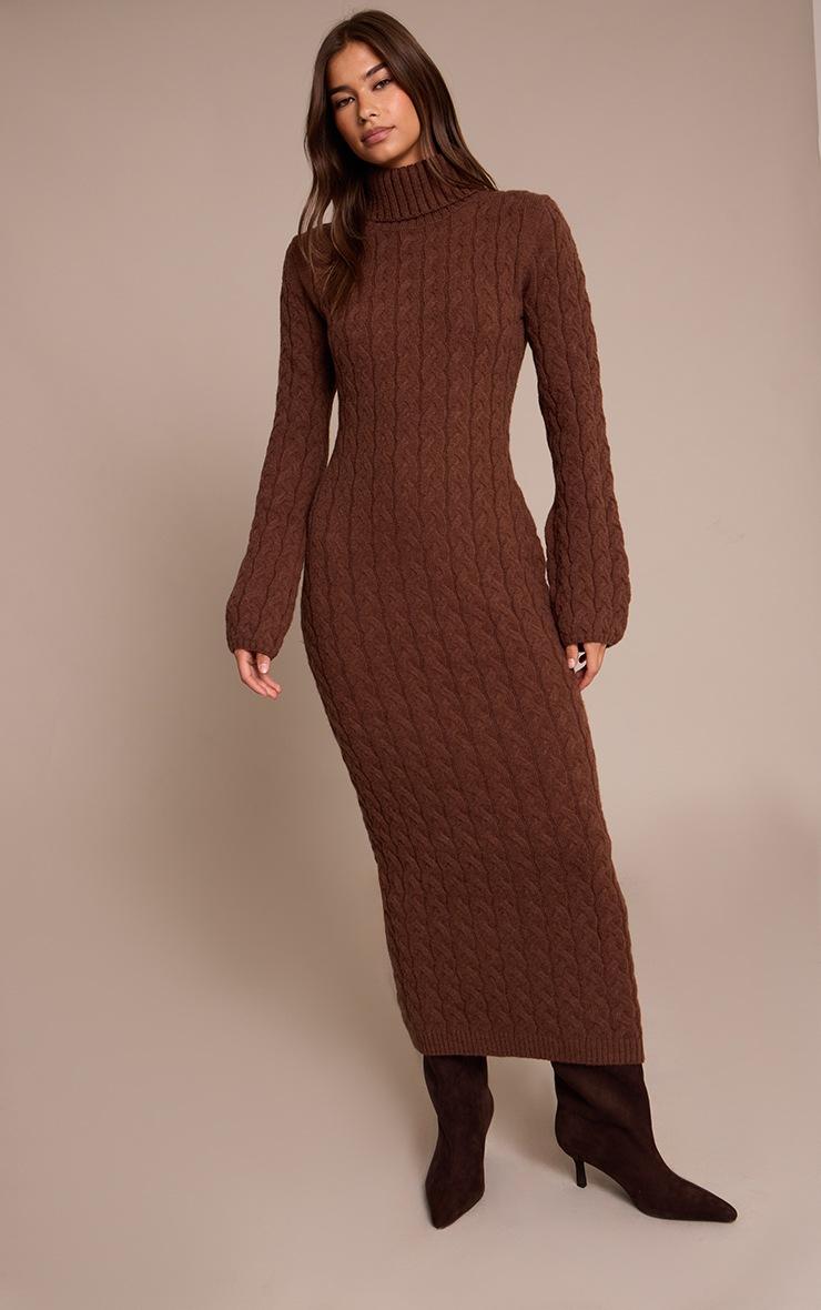 Pretty Little Thing Chocolate Chunky Cable Knit Roll Neck Maxi Sweater Dress