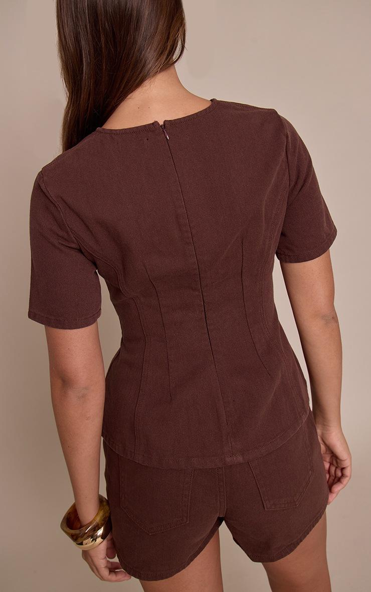 Pretty Little Thing Chocolate Cinched Waist Peplum Denim Top