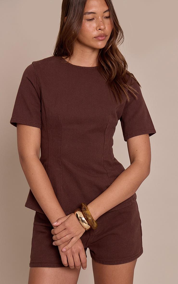 Pretty Little Thing Chocolate Cinched Waist Peplum Denim Top