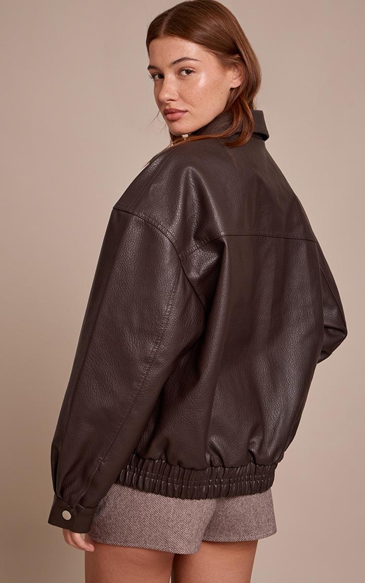 Pretty Little Thing Chocolate Concealed Placket Faux Leather Bomber Jacket