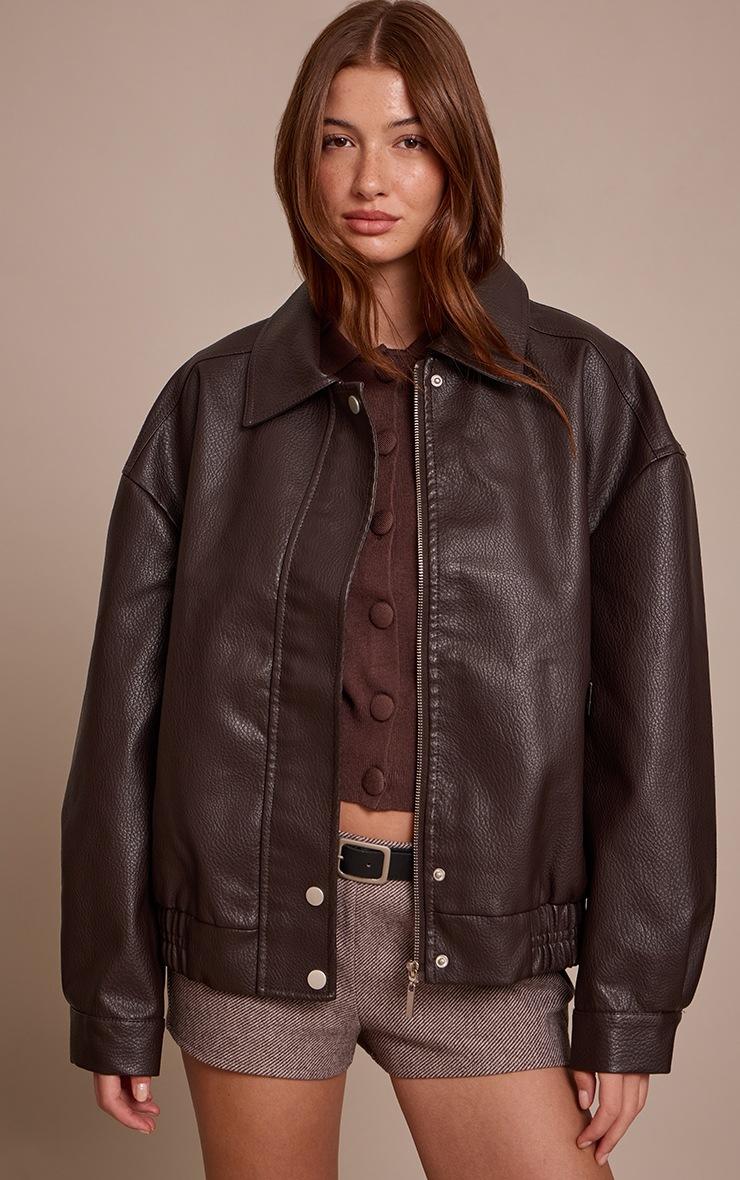 Pretty Little Thing Chocolate Concealed Placket Faux Leather Bomber Jacket