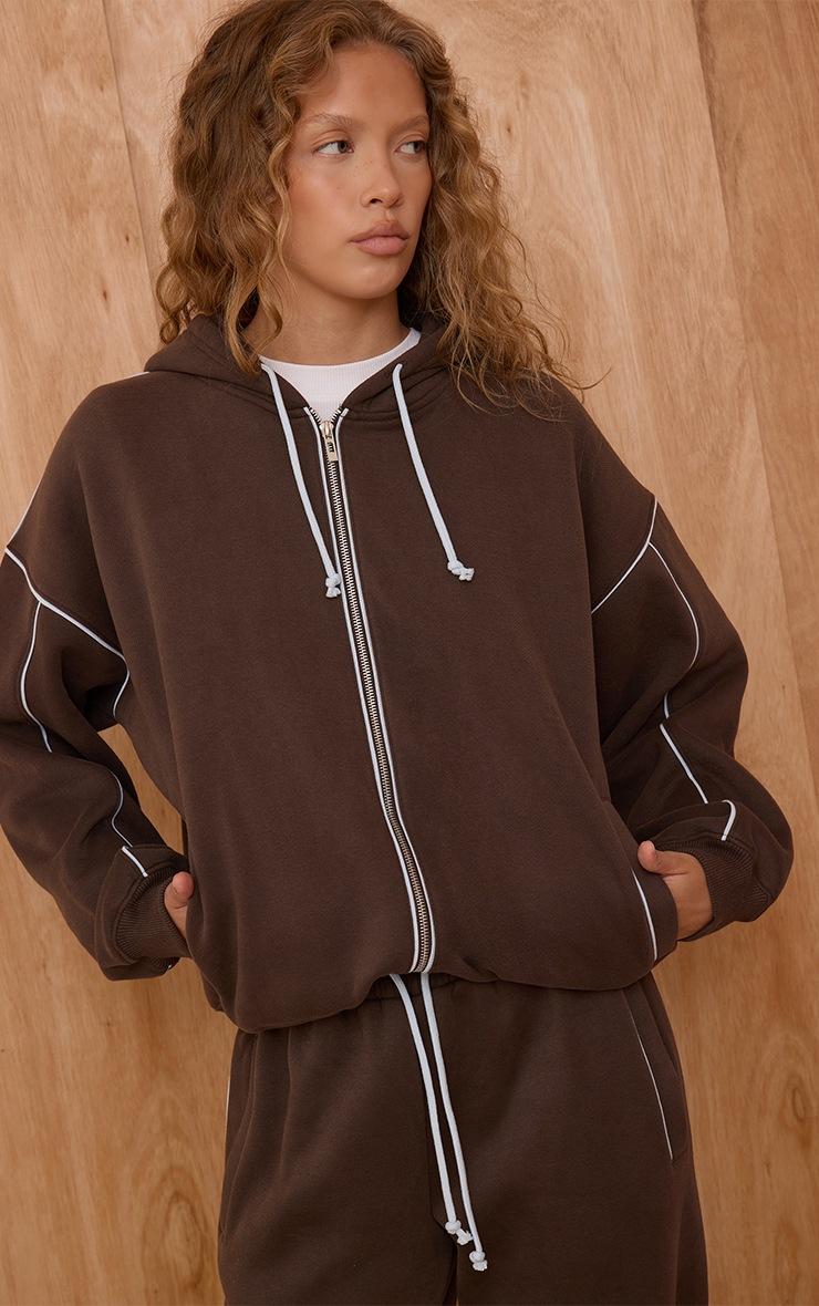 Pretty Little Thing Chocolate Contrast Seam Drawcord Full Zip Hoodie