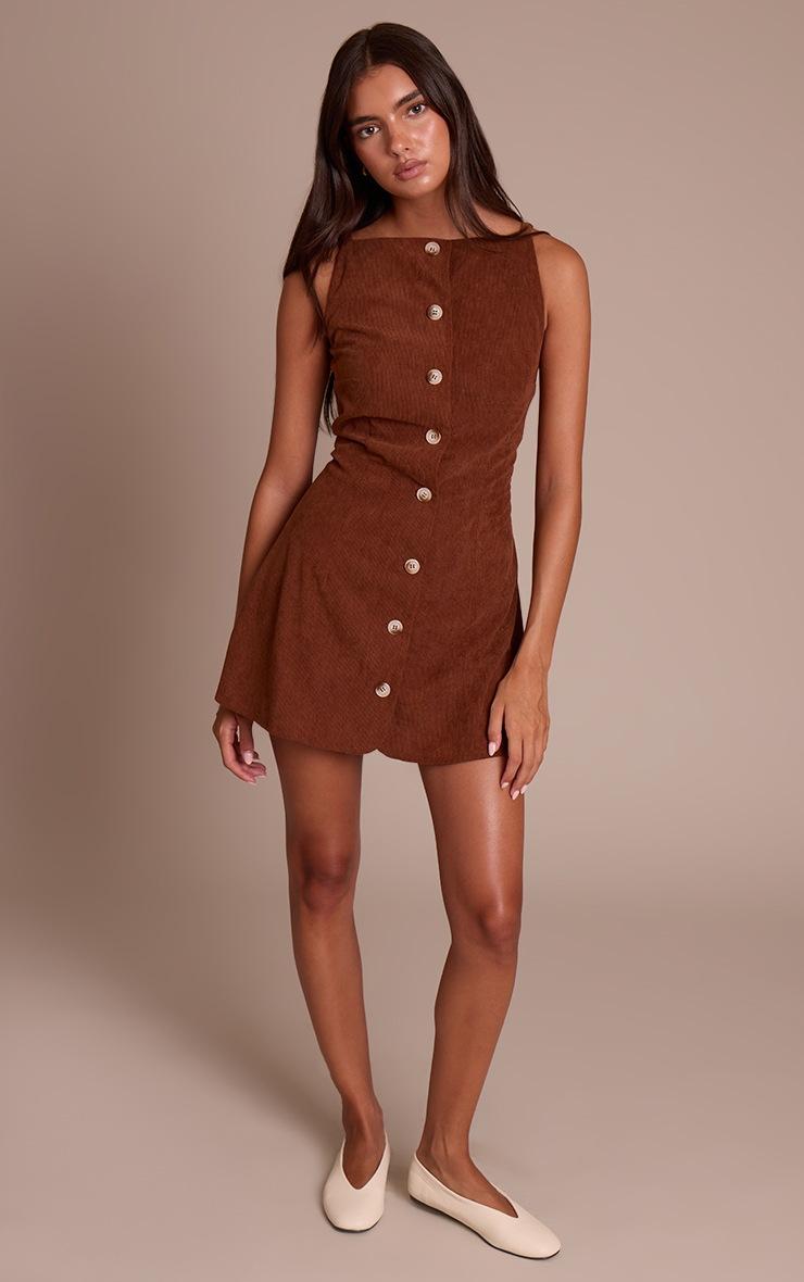 Pretty Little Thing Chocolate Cord Button Down Shift Dress