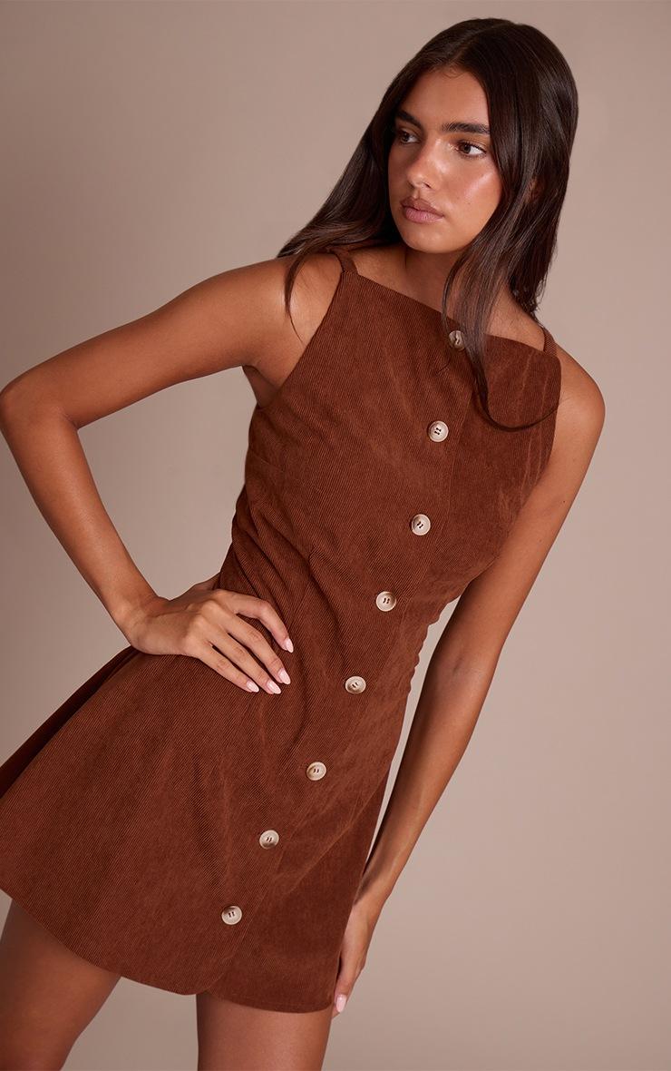 Pretty Little Thing Chocolate Cord Button Down Shift Dress