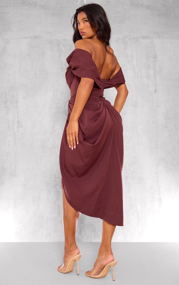 Pretty Little Thing Chocolate Corset Bardot Draped Midi Dress