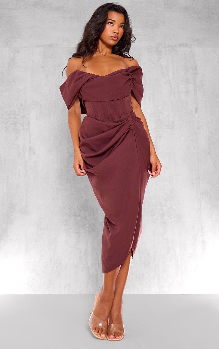 Pretty Little Thing Chocolate Corset Bardot Draped Midi Dress