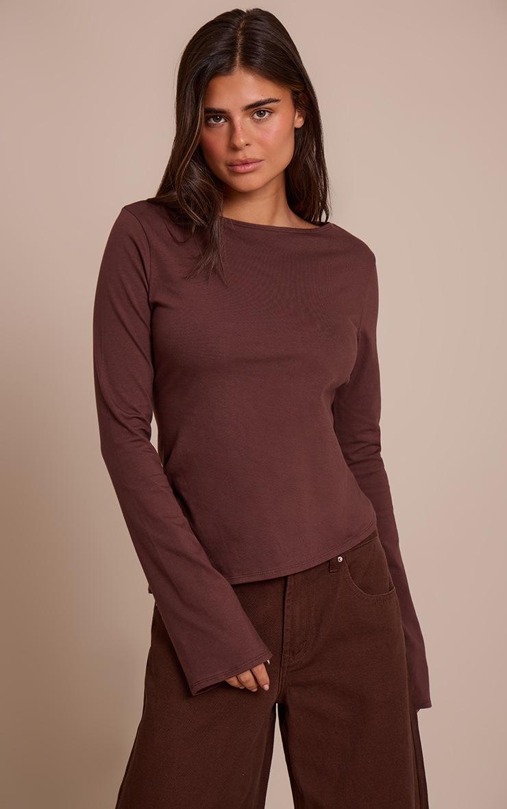 Pretty Little Thing Chocolate Cotton Asymmetric Hem Flared Long Sleeve Top