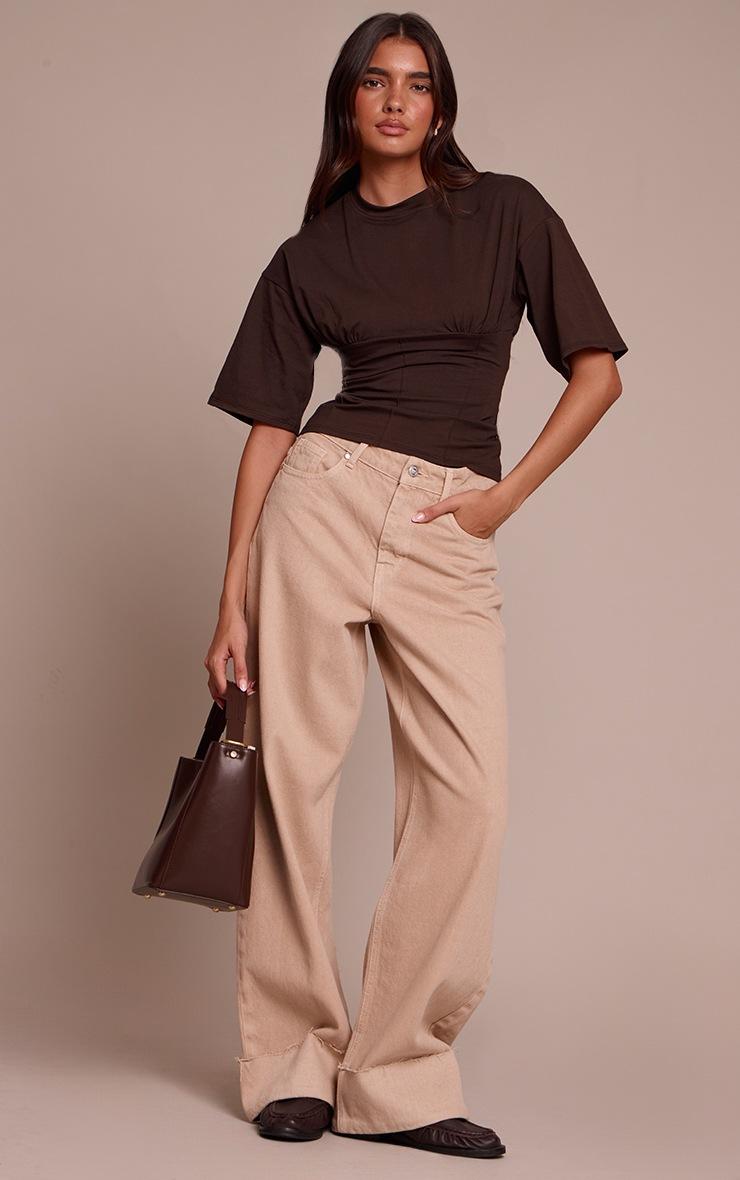 Pretty Little Thing Chocolate Cotton Ruched Bust Detail Fitted T Shirt