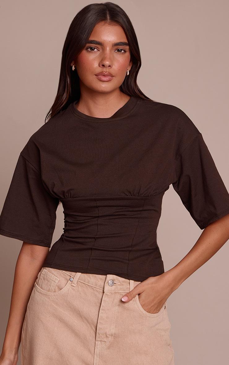 Pretty Little Thing Chocolate Cotton Ruched Bust Detail Fitted T Shirt