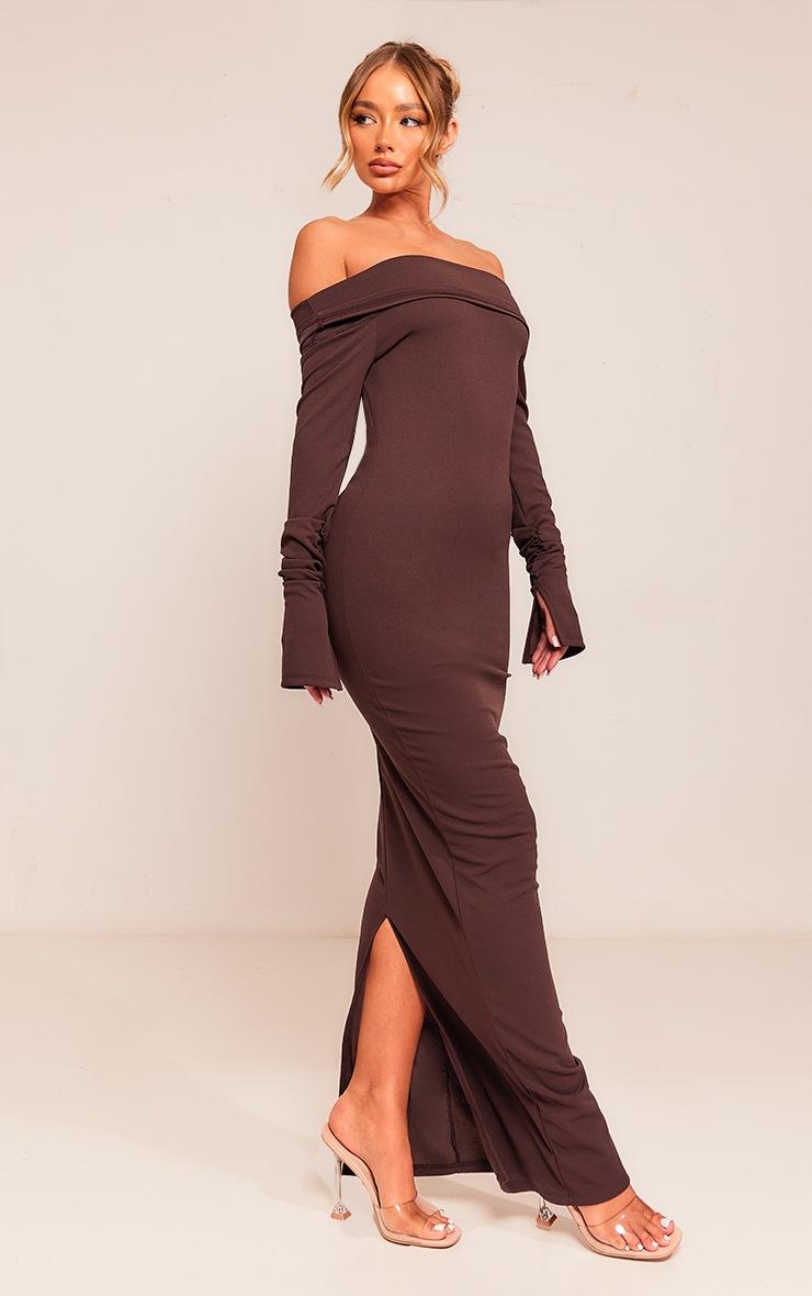Pretty Little Thing Chocolate Crepe Long Sleeve Bardot Maxi Dress
