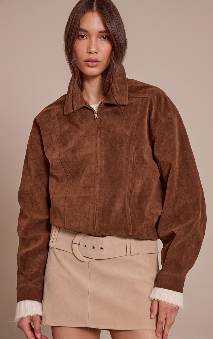 Pretty Little Thing Chocolate Croc Suede Bomber Jacket