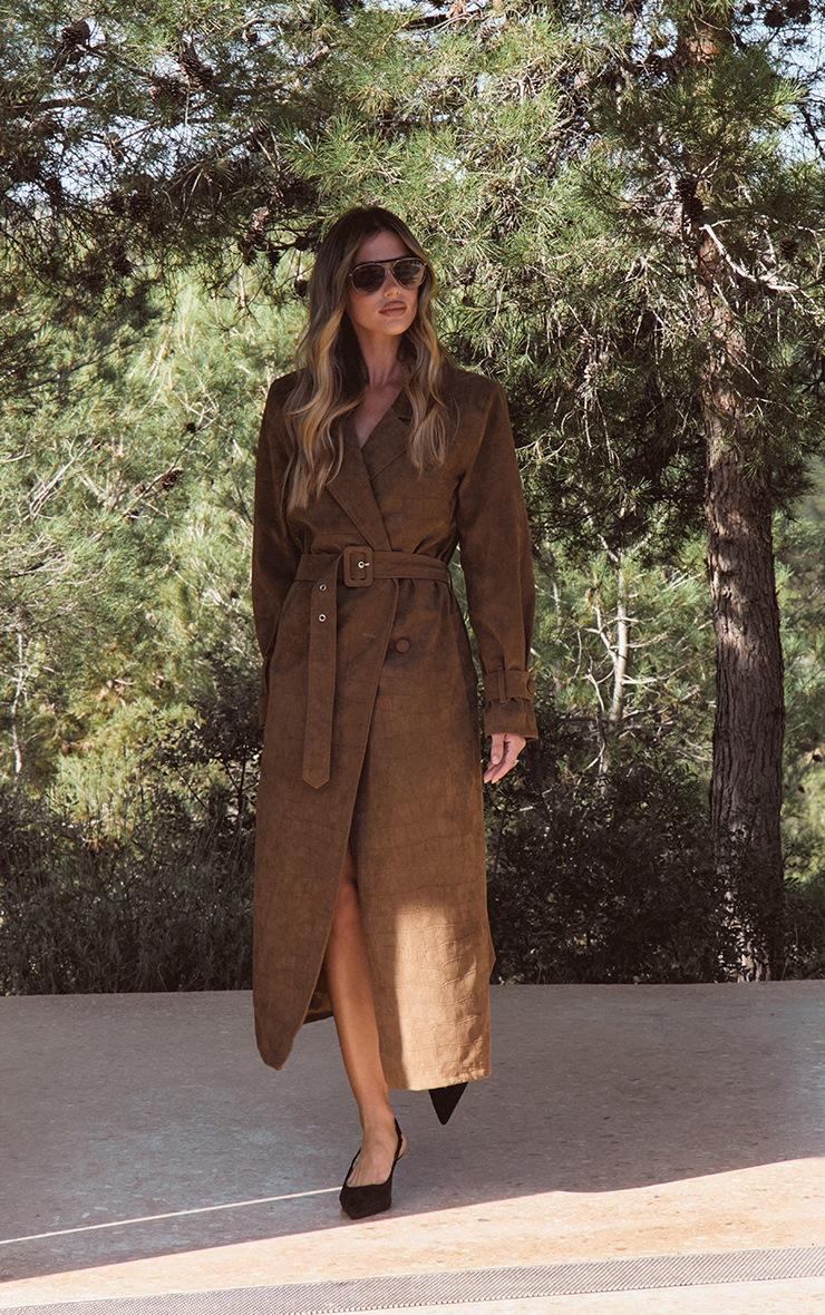 Pretty Little Thing Chocolate Croc Suede Trench Coat