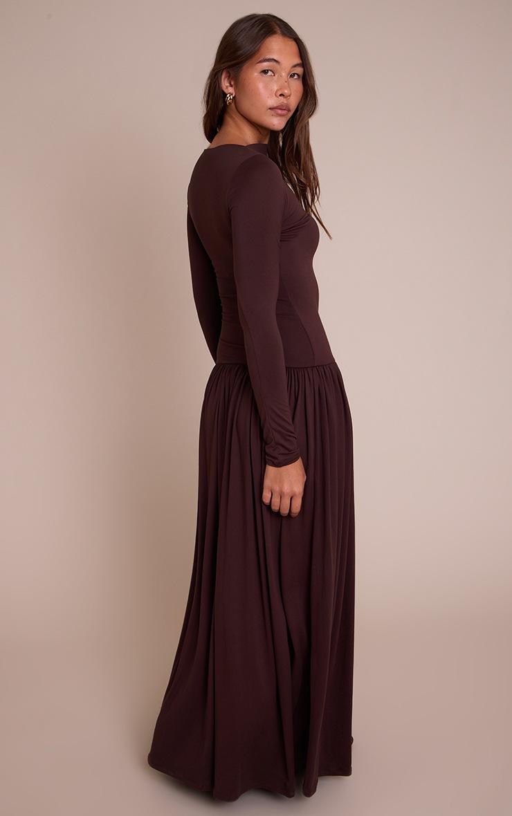 Pretty Little Thing Chocolate Double Layer Jersey Dropped Waist Long Sleeve Maxi Dress