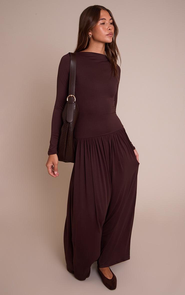Pretty Little Thing Chocolate Double Layer Jersey Dropped Waist Long Sleeve Maxi Dress