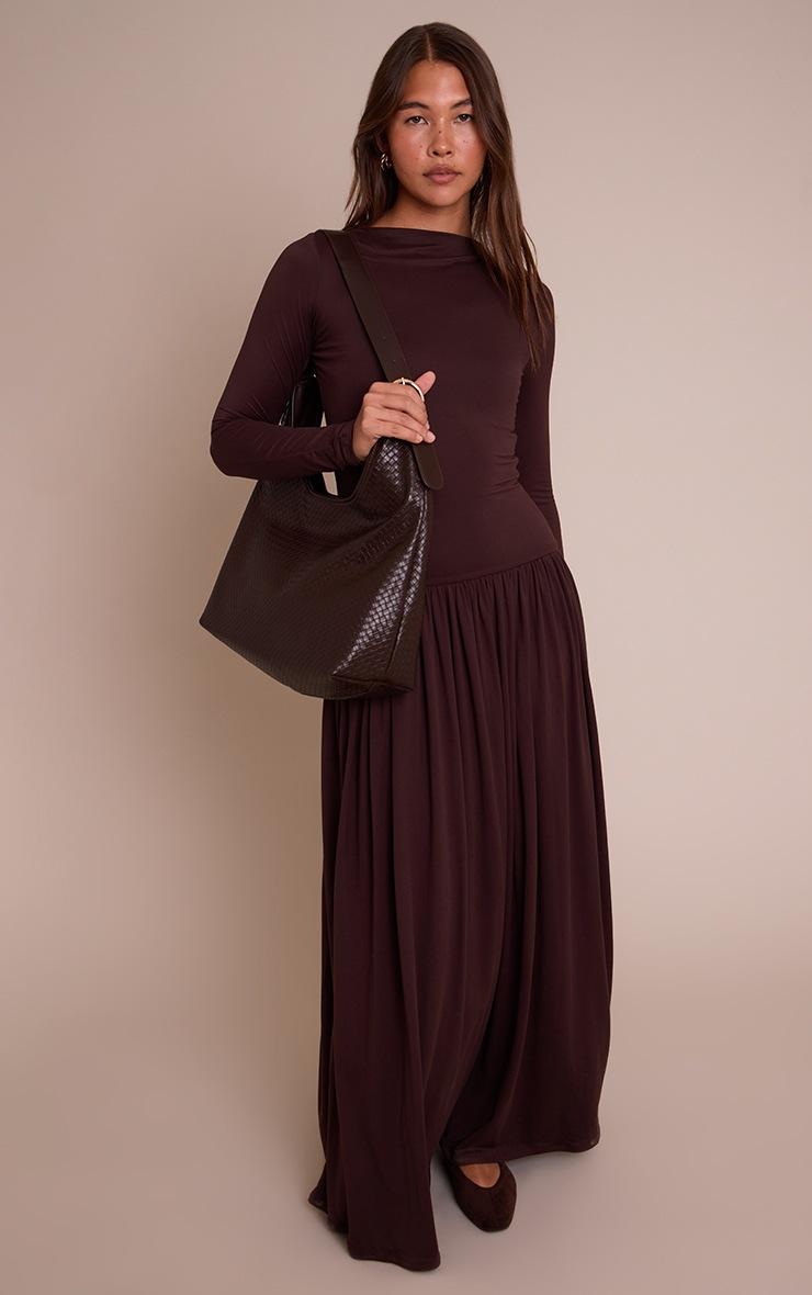 Pretty Little Thing Chocolate Double Layer Jersey Dropped Waist Long Sleeve Maxi Dress