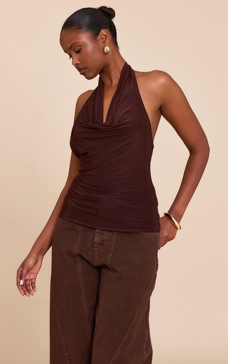Pretty Little Thing Chocolate Double Layer Slinky Backless Trim Detail Long Top