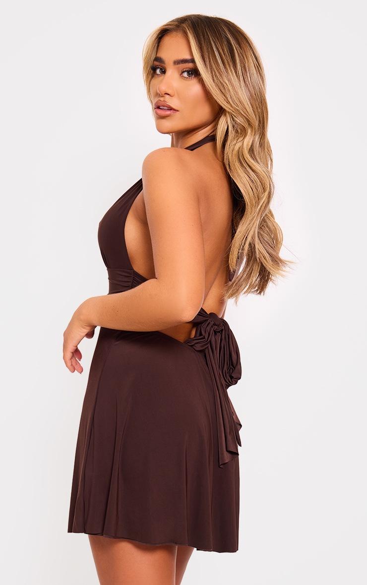 Pretty Little Thing Chocolate Double Layer Slinky Halter Neck Tie Back Shift Dress