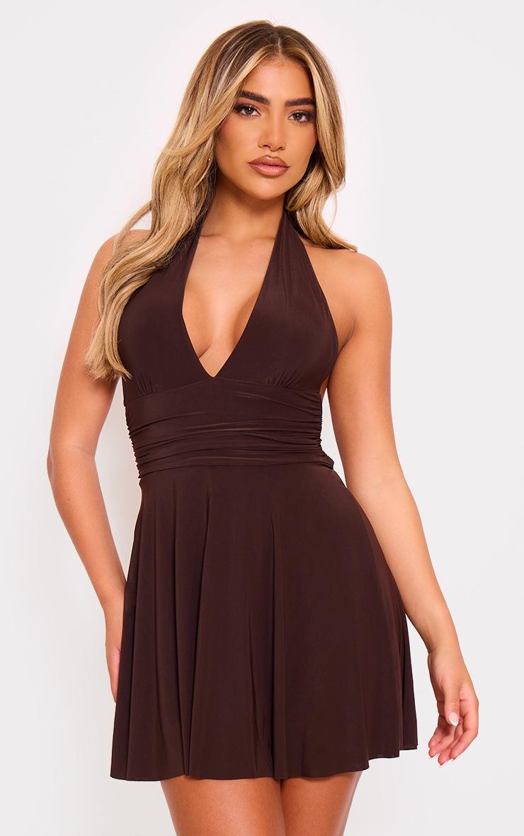 Pretty Little Thing Chocolate Double Layer Slinky Halter Neck Tie Back Shift Dress