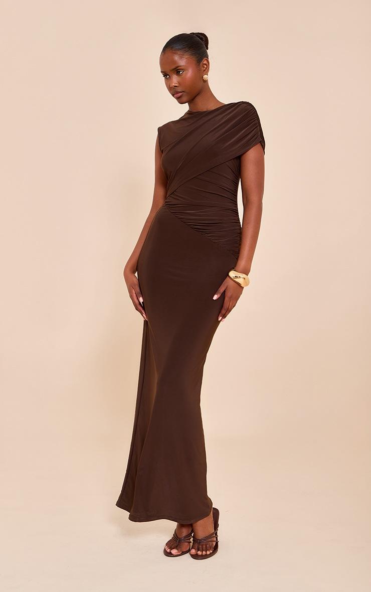 Pretty Little Thing Chocolate Double Layer Slinky Off Shoulder Drape Maxi Dress