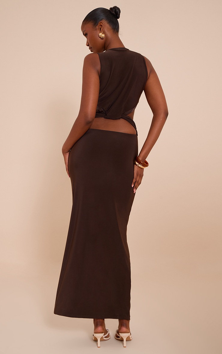 Pretty Little Thing Chocolate Double Layer Slinky Plunge Cut Out Maxi Dress