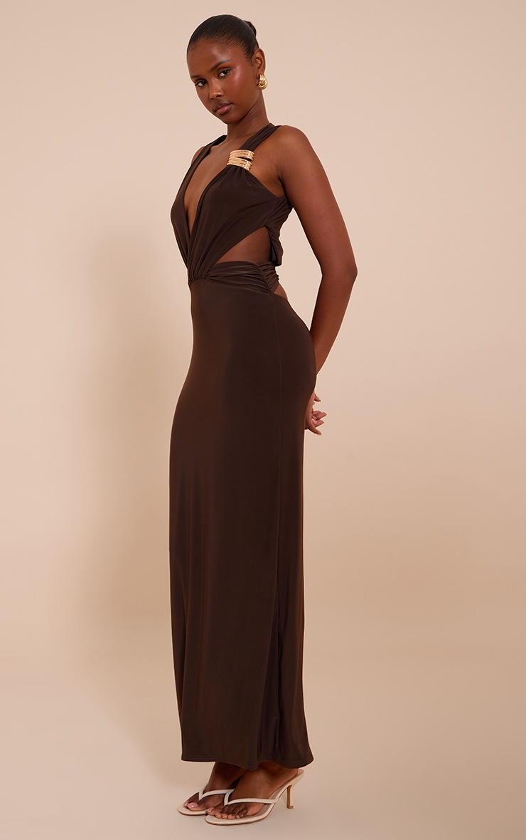 Pretty Little Thing Chocolate Double Layer Slinky Plunge Cut Out Maxi Dress
