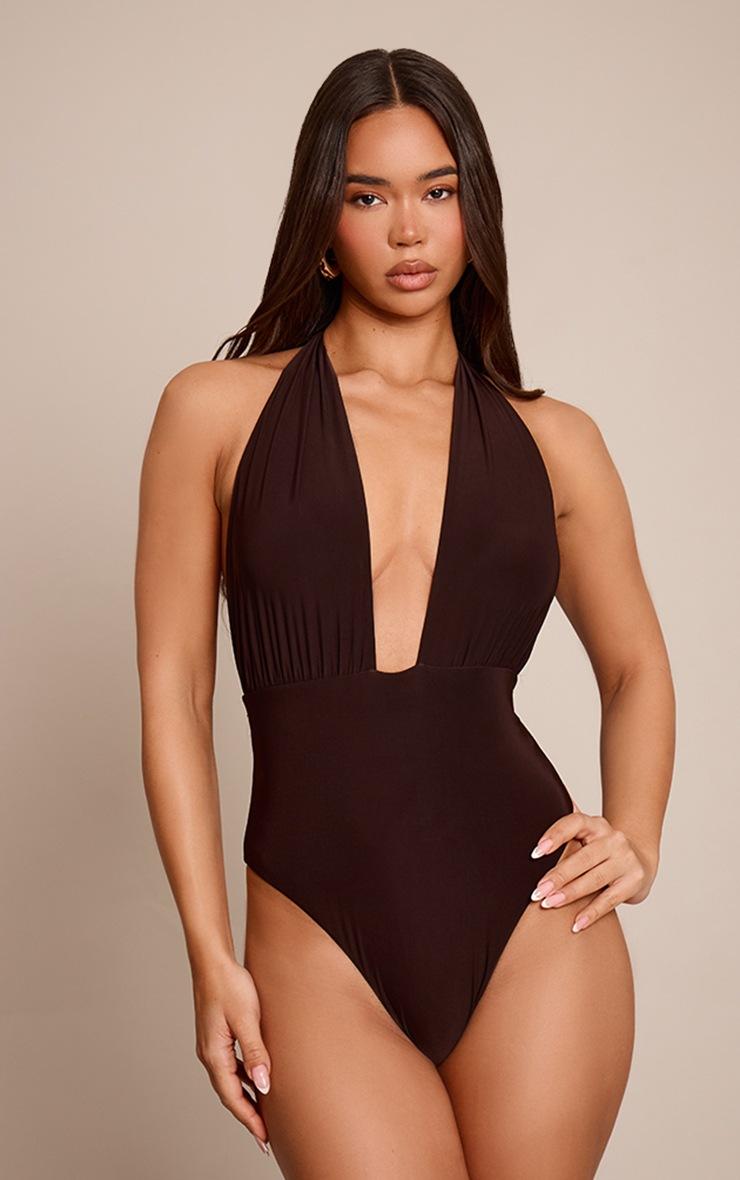 Pretty Little Thing Chocolate Double Layer Slinky Plunge Detail Halter Neck Bodysuit