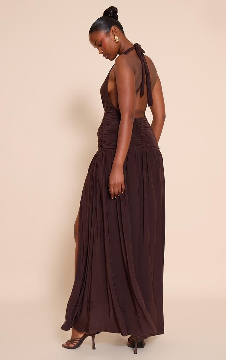 Pretty Little Thing Chocolate Double Layer Slinky Ruched Detail Maxi
