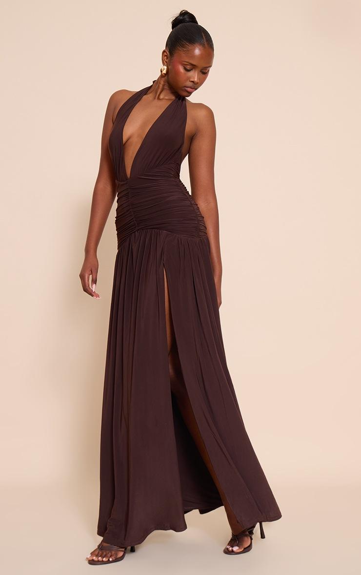 Pretty Little Thing Chocolate Double Layer Slinky Ruched Detail Maxi
